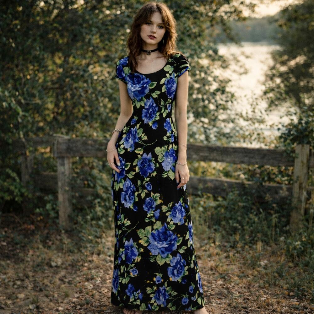 Vintage American Angel y2k 90'd floral beaded maxi dress size